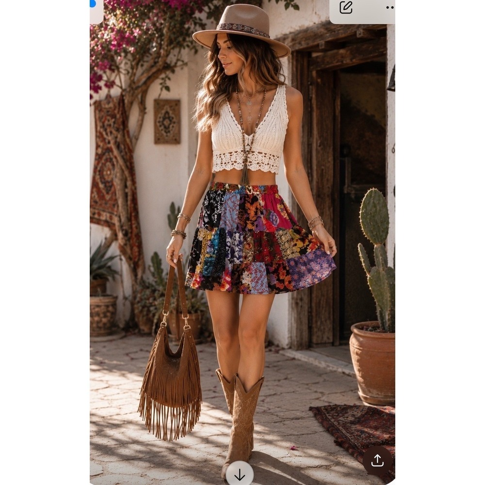 NWT Young Threads Womens Patchwork Mini Skirt  Boho Tiered Floral Small